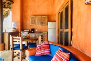 outdoor lounge, kitchen, dining casita La Chuparosa de Saladita Mexico surf vacation